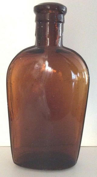 Antique Strap Sided Amber Flask BIM Hand Applied Top Half Pint 6” Cork Closure 3