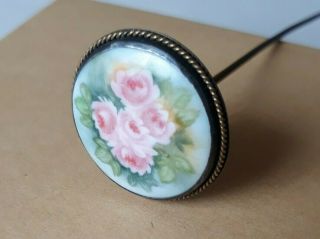 Vintage Antique Victorian Hand Painted Porcelain Roses Floral Hat Pin