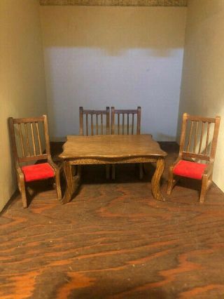 Vintage 1980s Miniature Doll House Wood Dining Room Table And Chairs