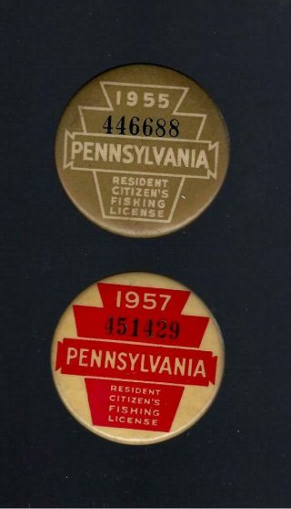 2 - Vintage Pennsylvania Fishing License Pins - 1955 & 1957 In Vg