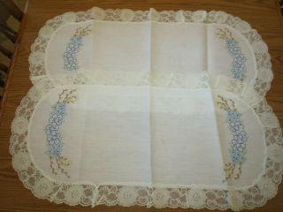 Vintage Hand Embroidered Table Runners / Scarfs Floral W/ Lace Edges