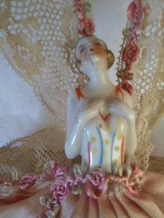 Antique Porcelain Half Doll Pin Cushion Made Into Hanging Flapper Art Deco