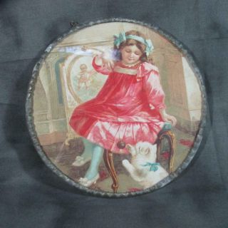 Antique (1923) Girl Playing With Kitten Print In Round Metal Frame,  Made Germany