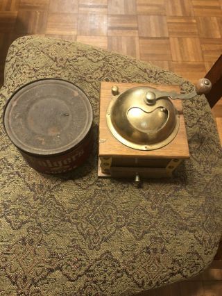 Vintage Folger’s Coffee Tin With Antique Coffee Grinder 2