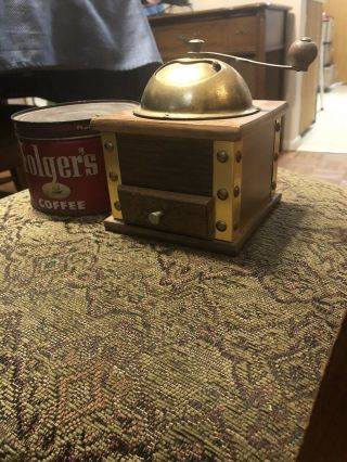 Vintage Folger’s Coffee Tin With Antique Coffee Grinder 3