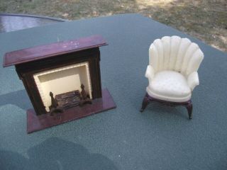 2 Vintage Renwal Plastic Dollhouse Items,  Fireplace,  High Back Chair,  1950 