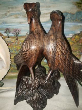 Vintage Hand Carved Ironwood Bird Sculptured Wood Bird Pair (rare)