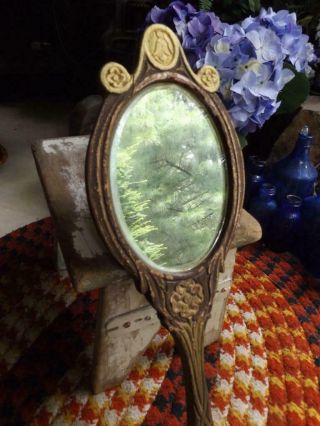 Primitive Antique Art Deco Carved Wood Beveled Hand Mirror