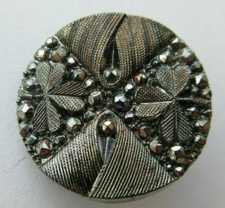 Stunning Antique Vtg Victorian Black Glass Button Silver Luster Clovers 1 " (k)