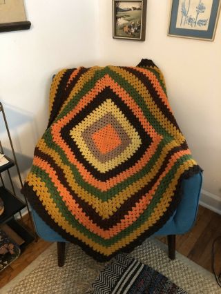 Vtg Handmade Crochet Throw Blanket Afghan Earth Tones 70s Boho Granny Square