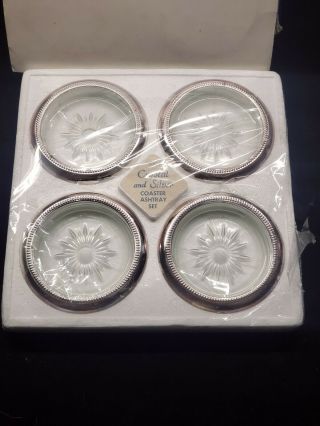 Vintage Crystal And Silver Coaster Ashtray Set Of 4,  Leonard Silver Plate,  Italy