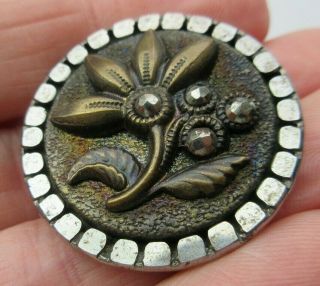 Large Antique Steel Cup Metal Picture Button Flower W/ Cut Steels (c)