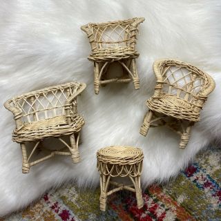 Vintage 1970s Barbie Doll Size 4 Piece Wicker Outdoor Patio Furniture Chairs