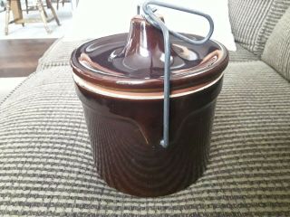 Vintage Brown Glazed Cheese/Butter Crock with Lid,  Rubber Seal & Wire Bale 3