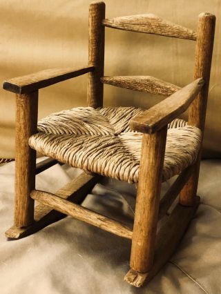 Handcrafted Mini Wood Rocking Chair Rush Seat Natural Color Dolls Bears Vintage