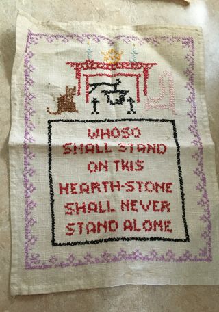 Antique Cross Stitch On Linen 20s " Hearthstone Saying " 12 " X 9 " Ready To Frame