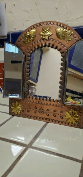 Vintage Mexican Folk - Art Punched Tin And Copper Mirror Rare 10 " X 8 3/4 "