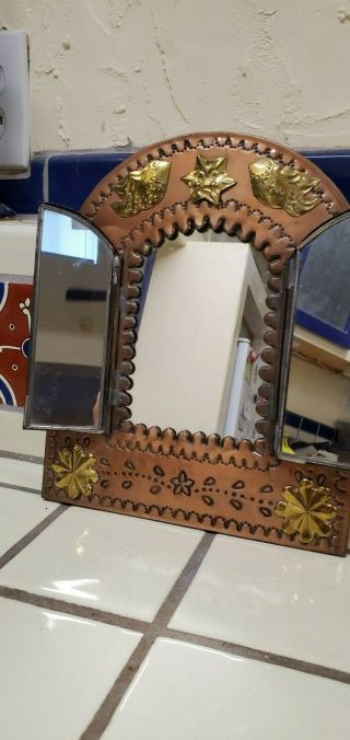 Vintage Mexican Folk - Art Punched Tin and Copper Mirror RARE 10 