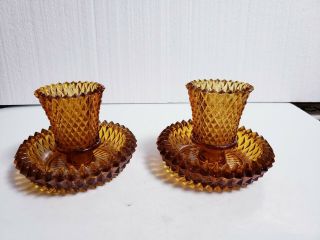 Mcm Pair Amber Gold Diamond Point Glass Peg Votive Cups Candle Holders W/bases