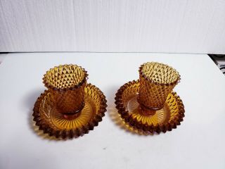 MCM Pair Amber Gold Diamond Point Glass Peg Votive Cups Candle Holders w/Bases 3