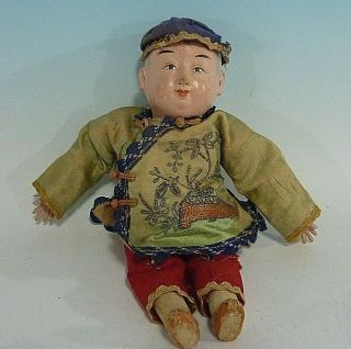 Antique Chinese Composition Saw Dust Body Boy Doll & Embroidered Silk Clothes