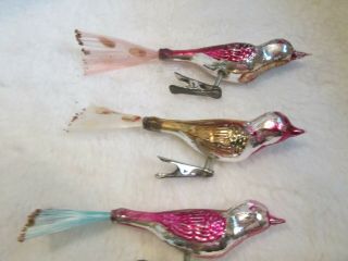 3 Vintage Glass Clip On Bird Christmas Ornaments Nylon Tail Feathers