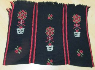 Vintage Hand Embroidered Floral Crochet Knit Afghan/throw Black Red