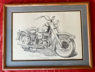 Rare 1958 Harley Davidson Panhead Drawing Signed H.  R Johnson