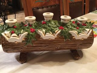Rare Vintage Ceramic Atlantic Mold Yule Log With 5 Candle Holders