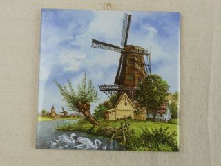6 " Ceramic Art Tile - Windmill Swans - Netherlands Holland Dutch - Ter Steege Bv