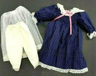 Vintage Porcelain Doll Dress W/ Bloomers & Net Underskirt Dark Blue For 18 " Doll