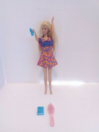 1998 Vintage Mattel Barbie Doll In Summer Dress Blond Hair Pink Comb And Phone