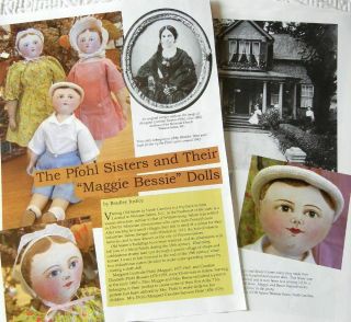 6p History Article - Antique Maggie Bessie Nc Pfohl Sisters Cloth Dolls
