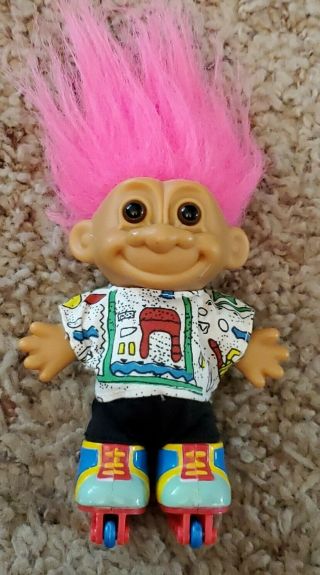 Vintage Russ Troll Doll Roller Skating Pink Hair 5”
