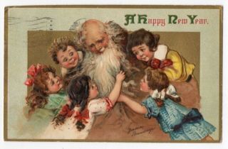 072820 Lovely Antique Frances Brundage Year Postcard Children W/ Father Time