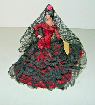 Vintage Marin Chiclana Spanish Flamenco Dancer Doll In Black Red Dress 7 " Tall