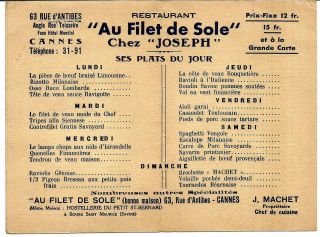 Cannes 1937.  Menu Au Filet De Sole,  Chez Joseph.  Rue D 