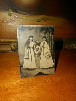 Antique Tintype Photo 2 Women,  Long Frizzy Hair,  Nationality?,  Hats,  Flowers,