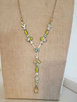 Vintage Art Deco Style Green Flower Necklace Crystal Rhinestone