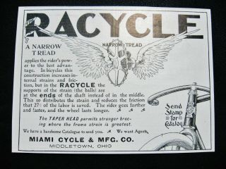 Rare C1890s Racycle Wings Bicycle Art Print Ad Miami Cycle Mfg.  Middletown Ohio