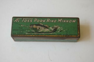 Vintage Al Foss Pork Rind Minnow Fishing Lure With Tin Box.