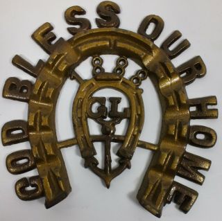 Antique God Bless Our Home 1888 Cast Iron Double Horseshoe Trivet / Wall Hanging
