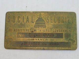 Vintage Antique Metal Us Social Security Id Card Gold Color Engraved