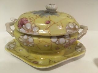 Miniature Yellow Soup Tureen With Ladle And Underplate Attached 4 3/4 Lx 2 3/4 " H