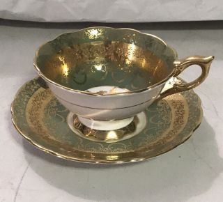 Royal Stafford Bone China Teacup And Saucer Green Design With Gold Trim,  Eng