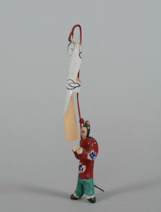 Antique Chinese Figurine Man Holding Long Flag Or Banner