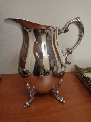 Vintage English Silver Plate On Copper Water Pitcher Jug With Ice Lip &claw Feet