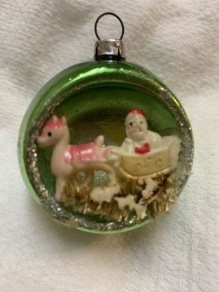 Green Glass Celluloid Santa And Reindeer In Sleigh Rare