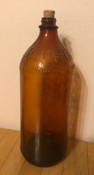 Antique/vintage Clorox 32 - Oz / 1 - Qt Glass Bottle Amber - Brown Embossed With Cork