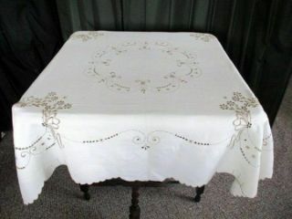Antique Madeira Tablecloth - Hand Embroidered Flowers - Linen